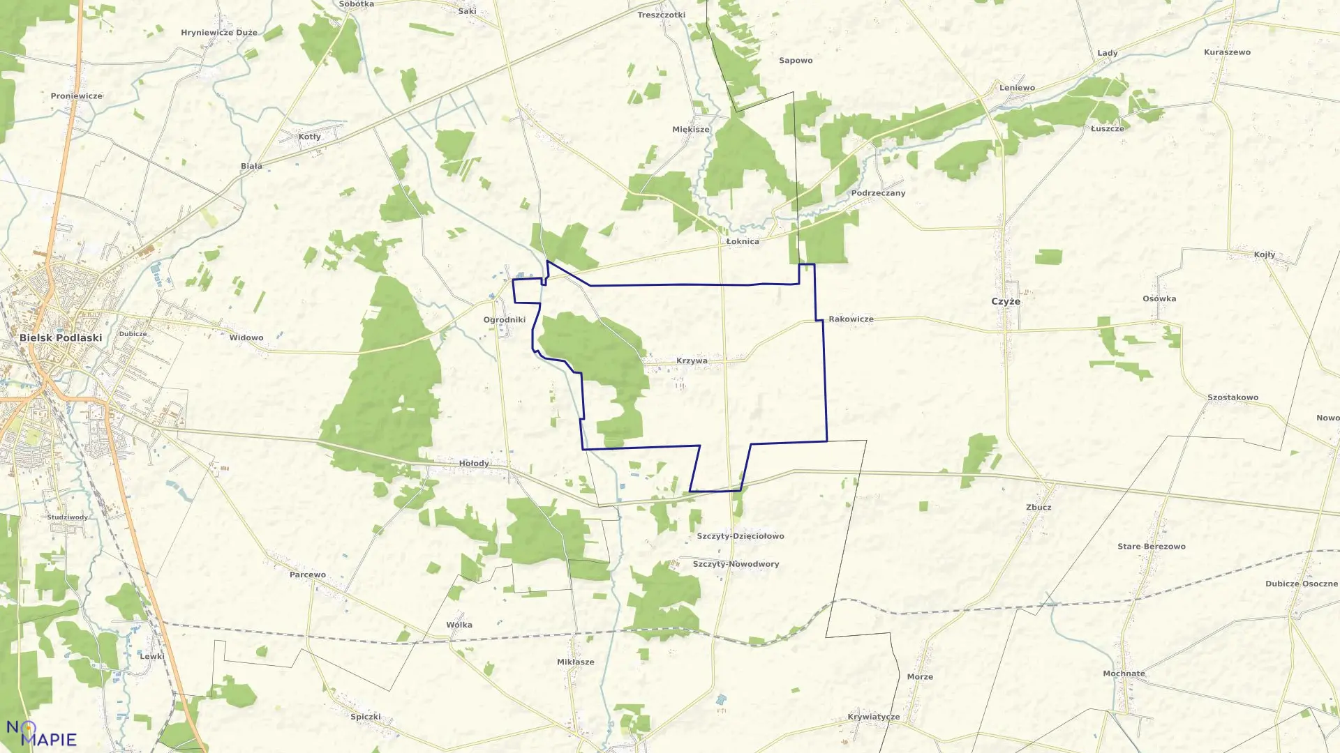 Mapa obrębu KRZYWA w gminie Bielsk Podlaski